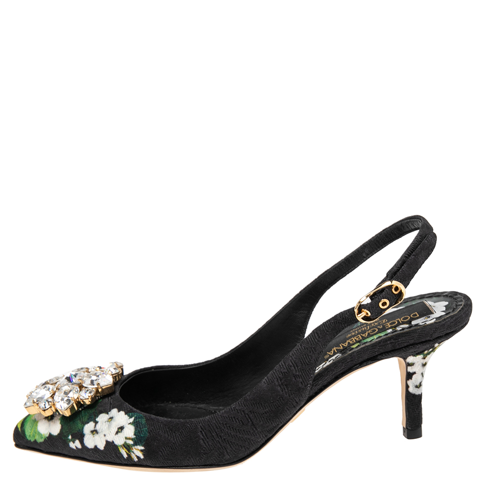 

Dolce & Gabbana Black Floral Print Brocade Crystals Exclusive Slingback Sandals Size