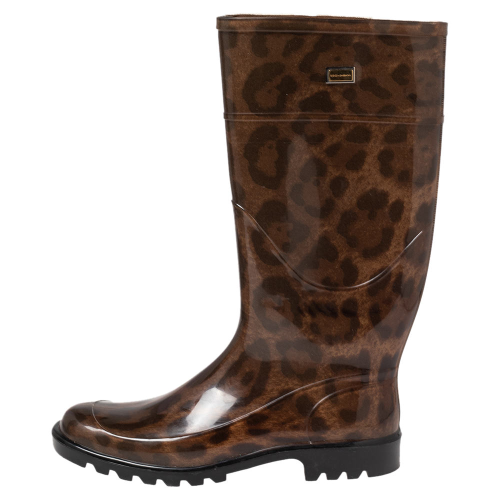 

Dolce & Gabbana Brown Leopard Print Rubber Mid Rain Boots Size