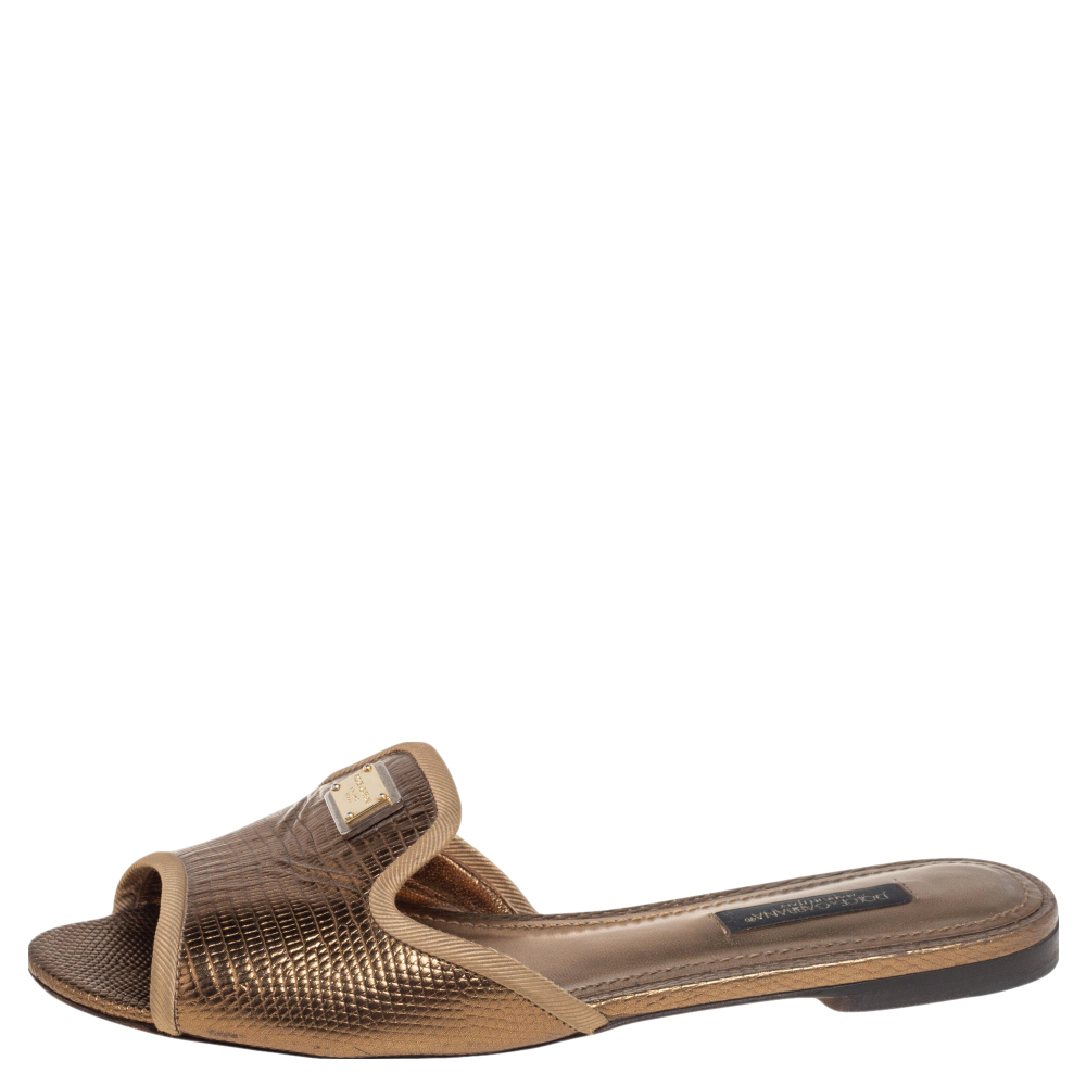 

Dolce & Gabbana Gold Lizard Embossed Leather Flats