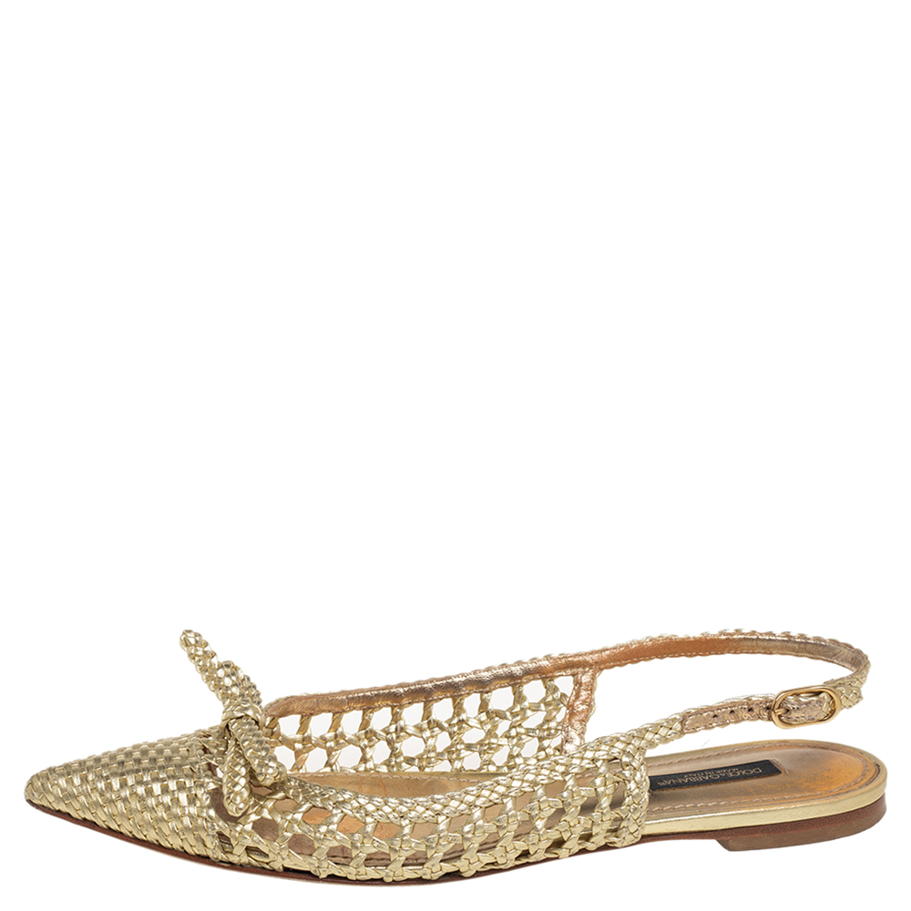 

Dolce & Gabbana Gold Woven Leather Bellucci Bow Flats Size