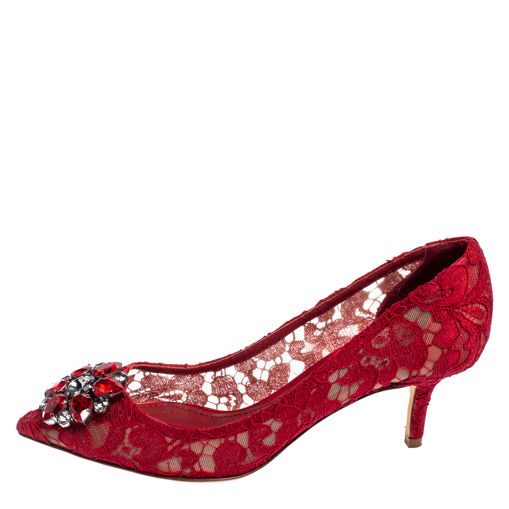 

Dolce & Gabbana Red Lace Bellucci Crystal Embellished Pointed Toe Pumps Size