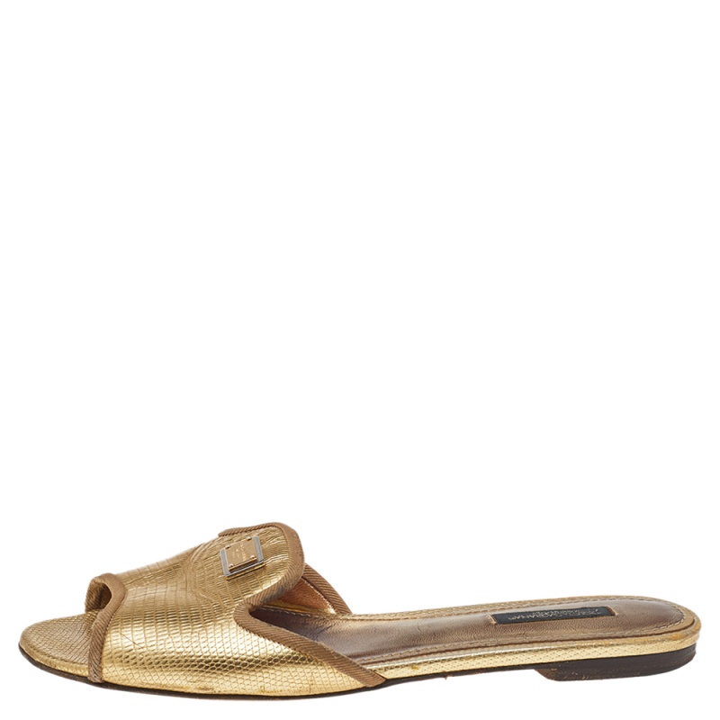 

Dolce & Gabbana Gold Leather Flat Slides Size