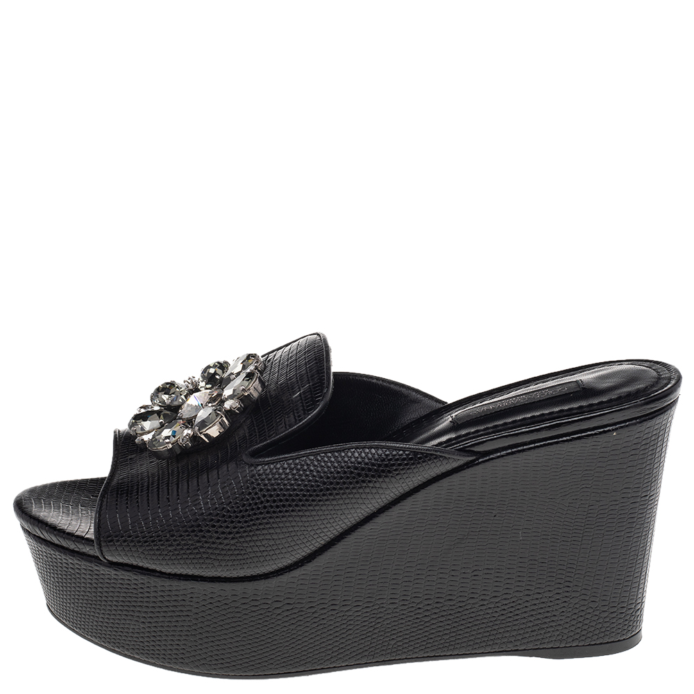 

Dolce & Gabbana Black Lizard Embossed Leather Crystal Embellished Wedge Sandals Size