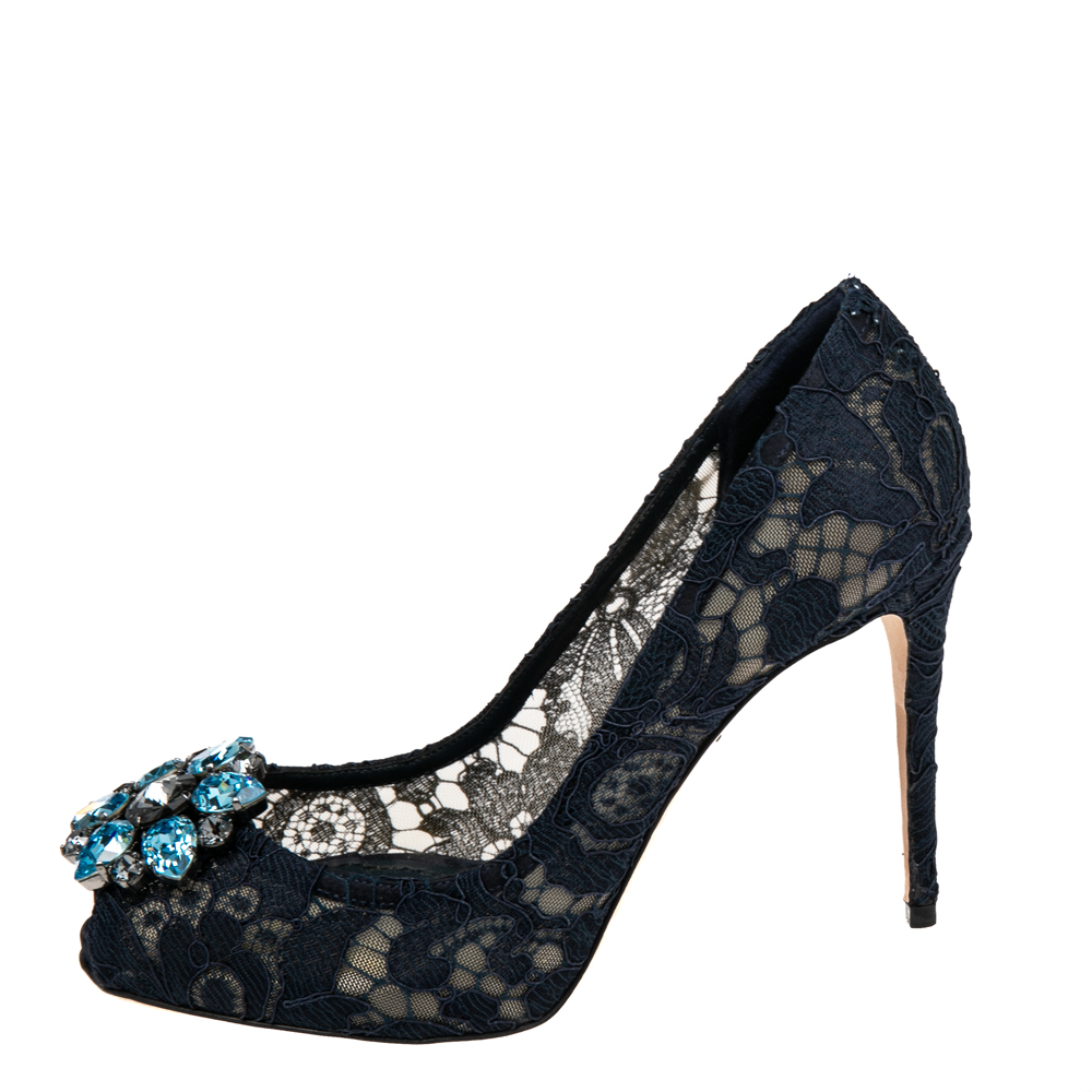 

Dolce & Gabbana Navy Blue Lace And Mesh Crystal Embellished Peep Toe Pumps Size