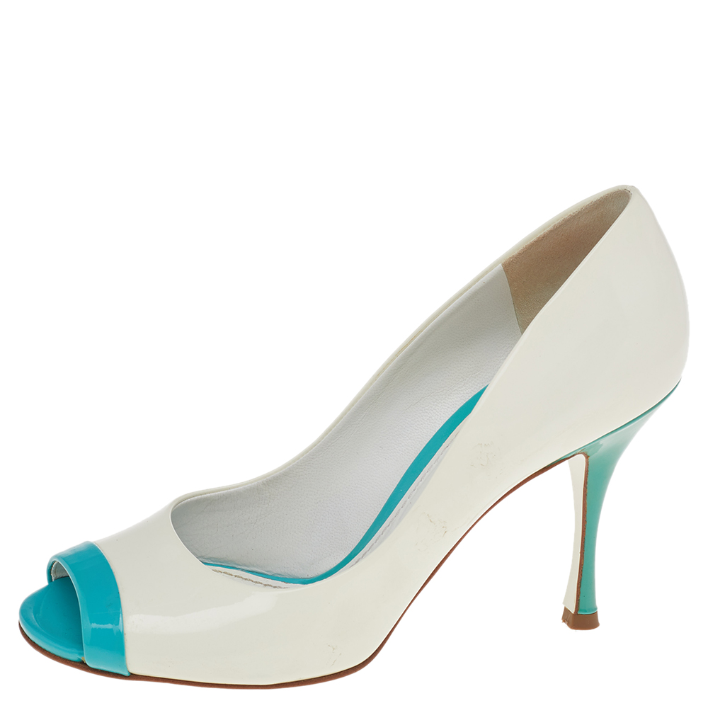 

Dolce & Gabbana White/Aquamarine Patent Leather Peep Toe Pumps Size