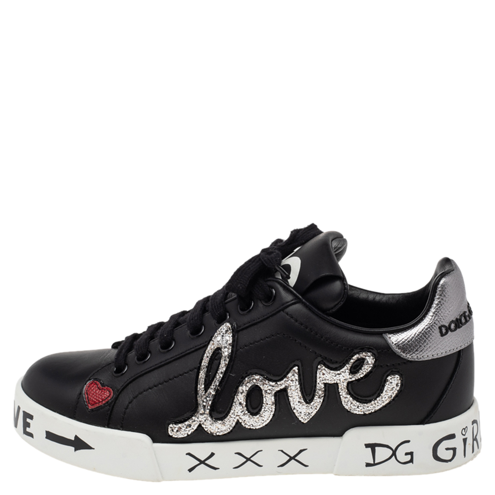 

Dolce & Gabbana Black Leather Love Patch And Graffiti Low Top Sneakers Size