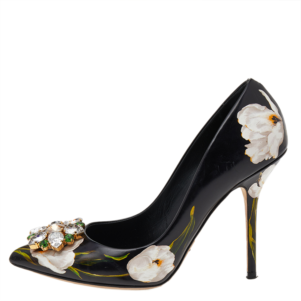 

Dolce & Gabbana Black Floral Print Leather Crystal Embellished Pointed Toe Pumps Size