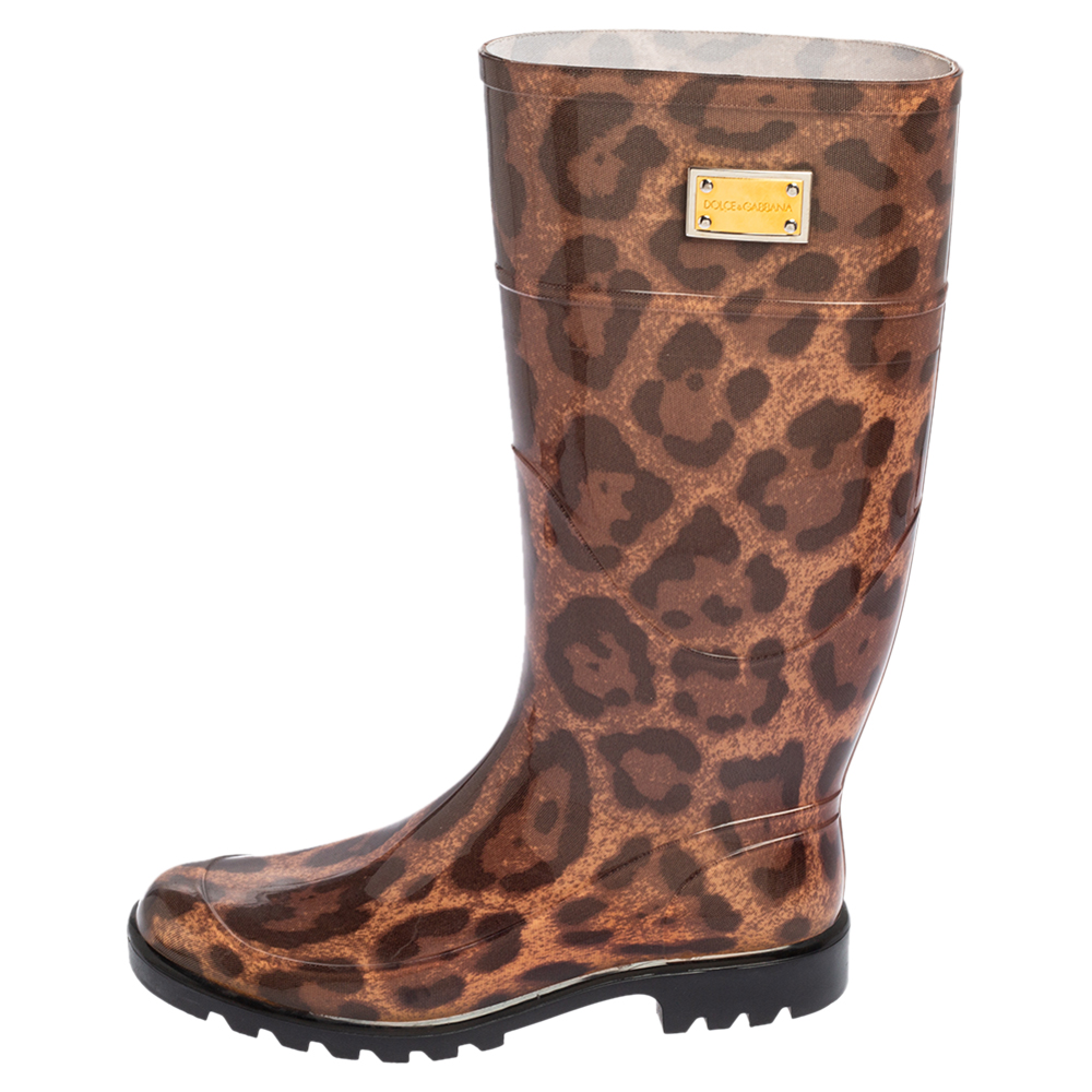 

Dolce & Gabbana Black/Gold Leopard Print PVC Mid calf Rain Boots Size, Brown