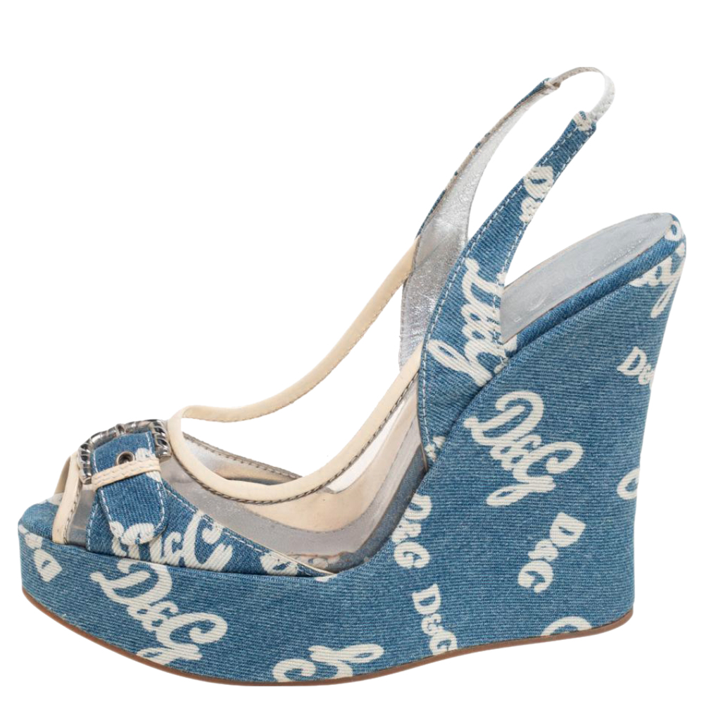 

Dolce & Gabbana Blue Denim And PCV Slingback Wedge Sandals Size