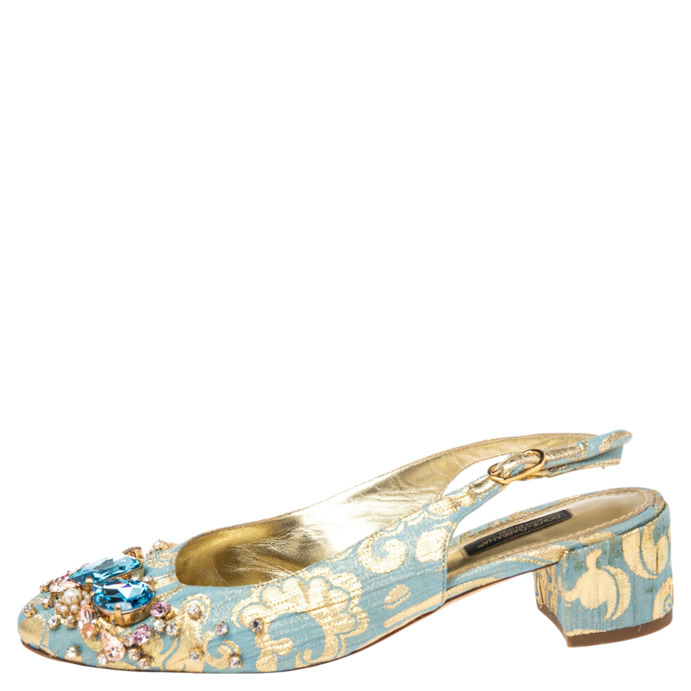 

Dolce & Gabbana Blue/Gold Brocade Fabric Crystal Embellished Slingback Pumps Size
