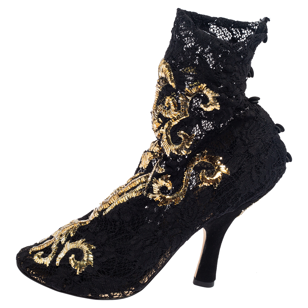 

Dolce & Gabbana Black Lace Embellished Peep Toe Booties Size