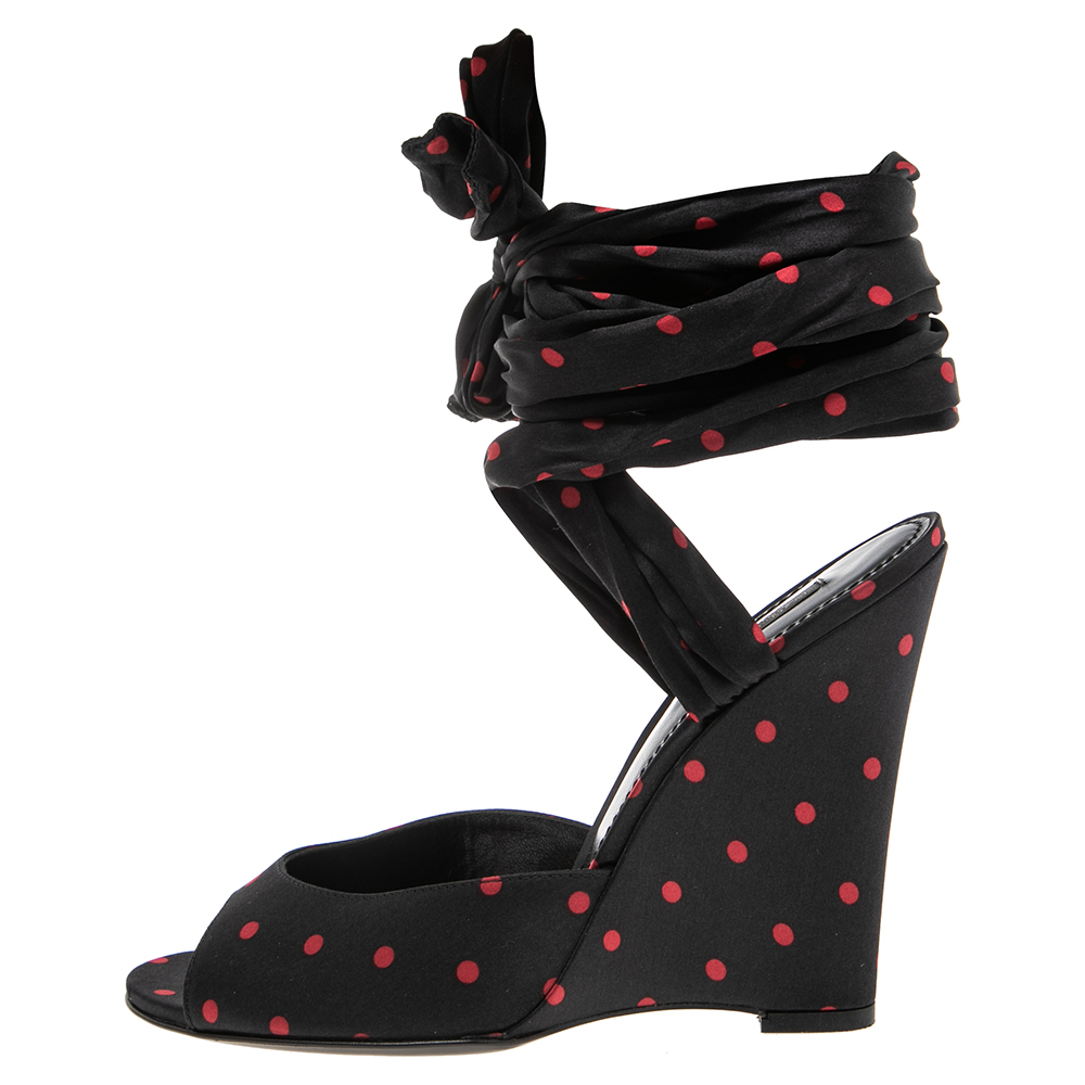 

Dolce & Gabbana Black-Red Satin Peep Toe Ankle Wrap Wedge Sandals Size