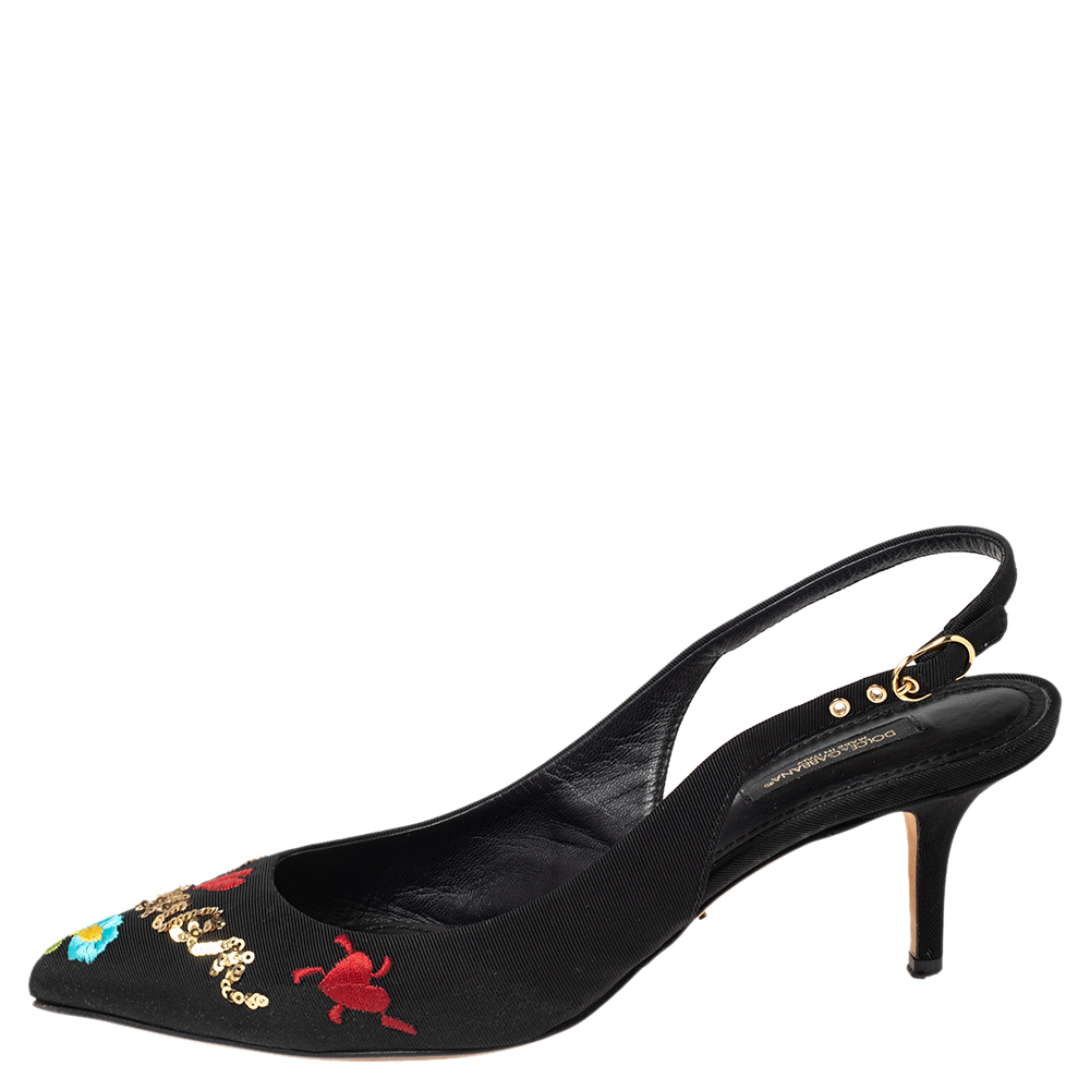 

Dolce & Gabbana Black Canvas Embroidered Sequinned Slingback Pumps Size