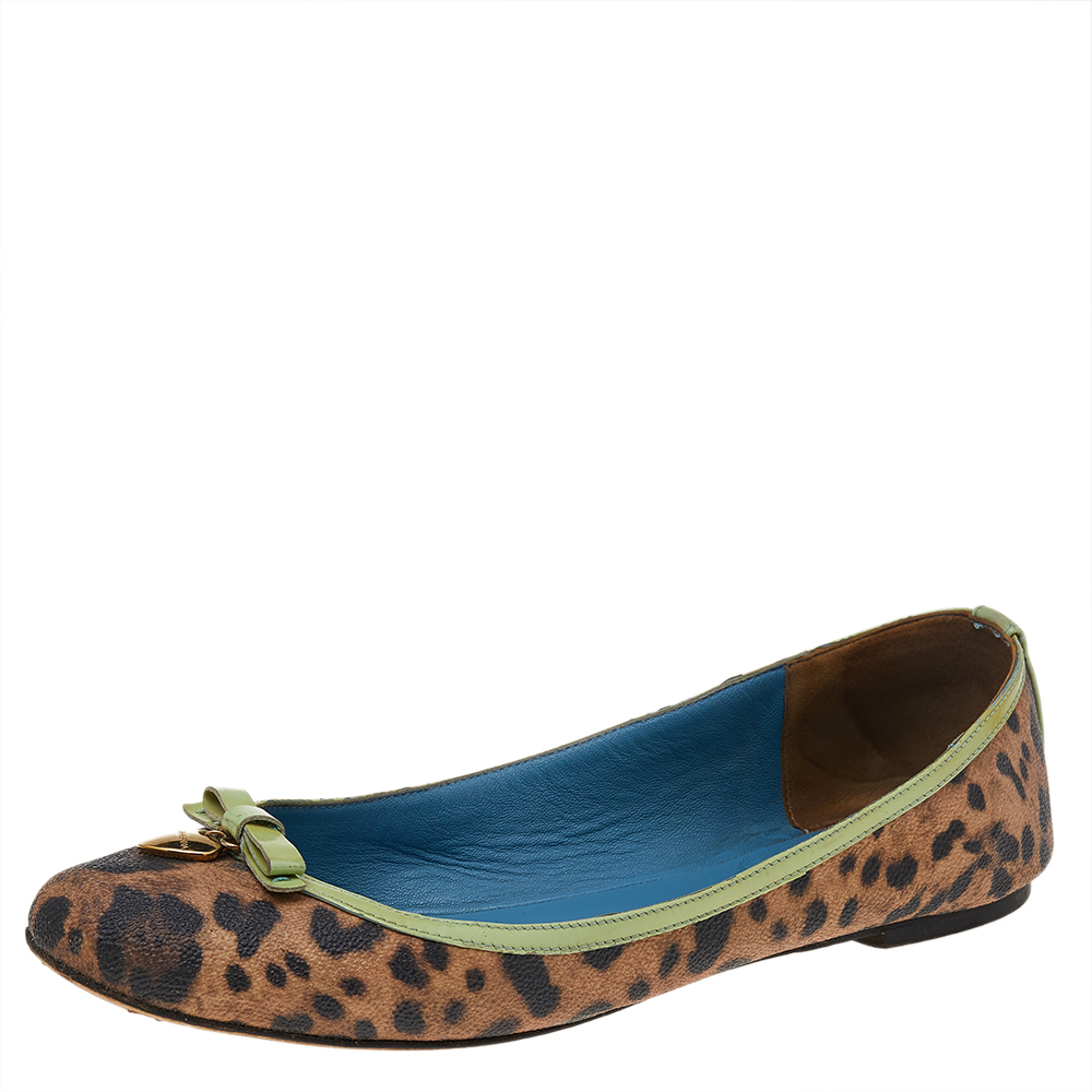 

Dolce & Gabbana Brown/Green Leopard Print Coated Canvas And Patent Leather Ballet Flats Size
