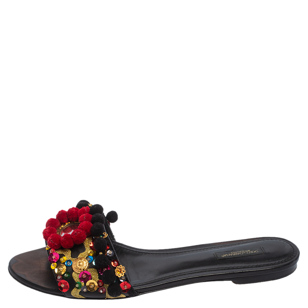 

Dolce & Gabbana Black Leather Pom Pom And Mirror Embellished Flats Size