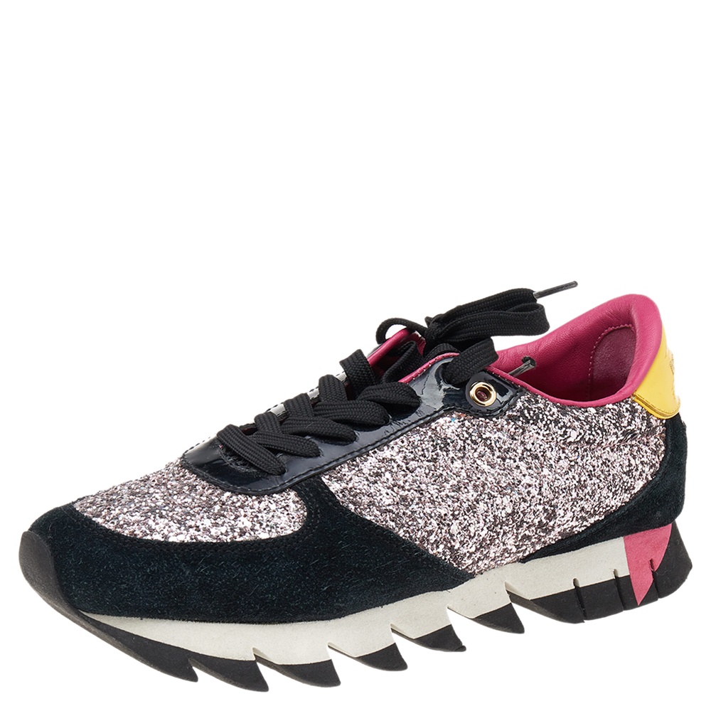 Click to view more detailed imagery on our partner's website Pre-owned Dolce & Gabbana Multicolor Patent Leather, Glitter, And Suede Low Top Sneakers Size 38 In Metallic