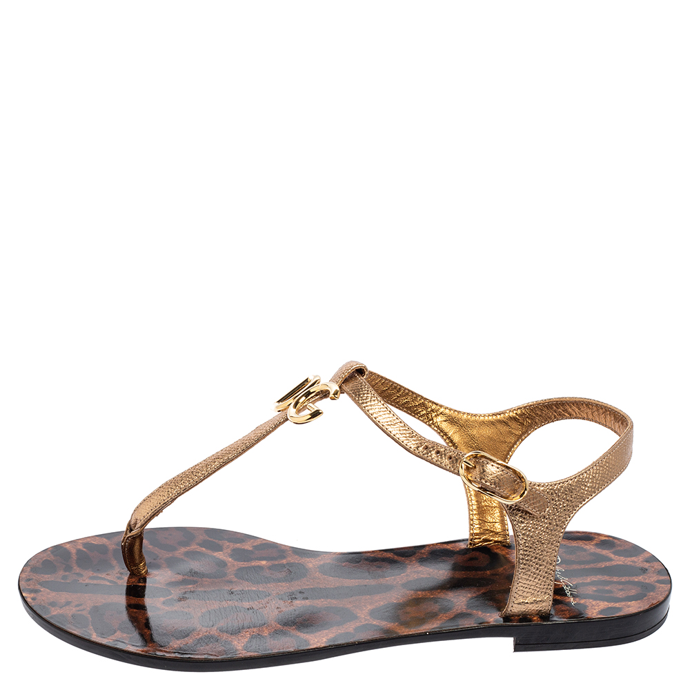 

Dolce & Gabbana Gold Leopard Print Leather T Strap Thong Flats Size