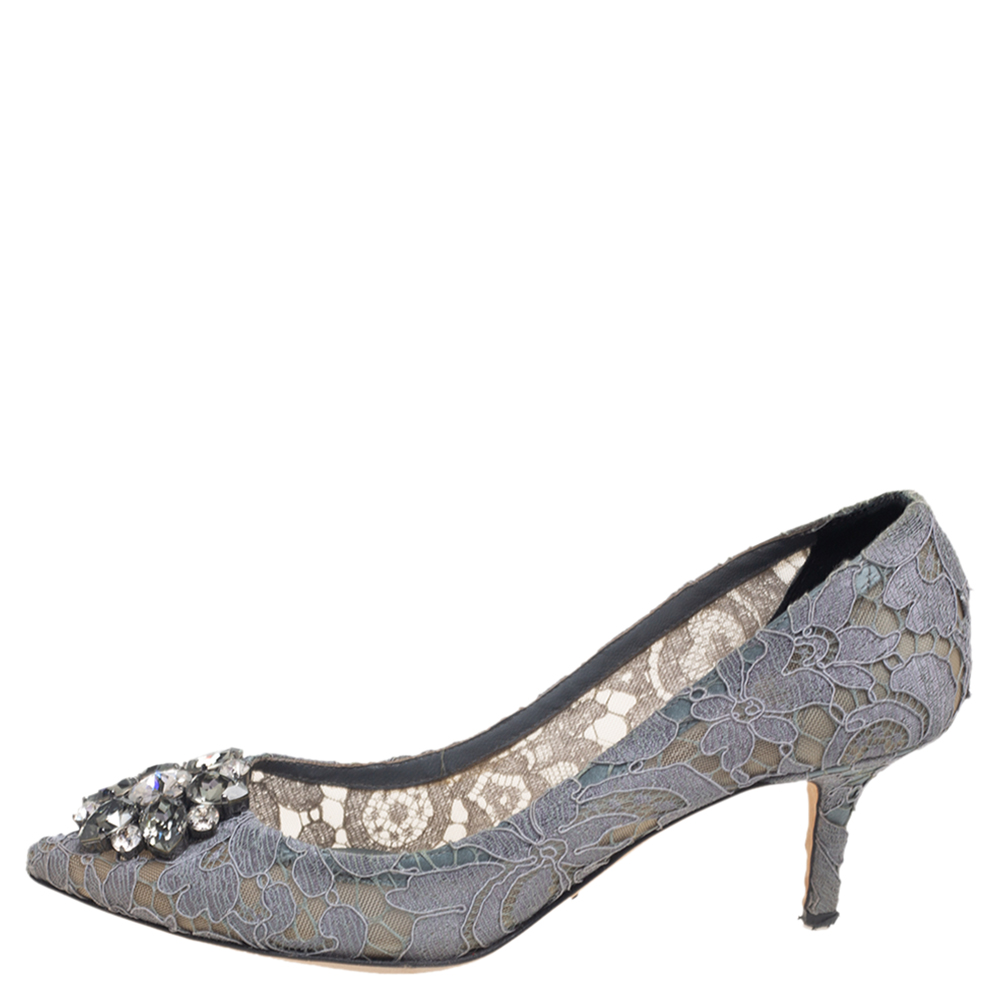 

Dolce & Gabbana Lace Bellucci Crystal Embellished Pointed Toe Pumps Size, Grey