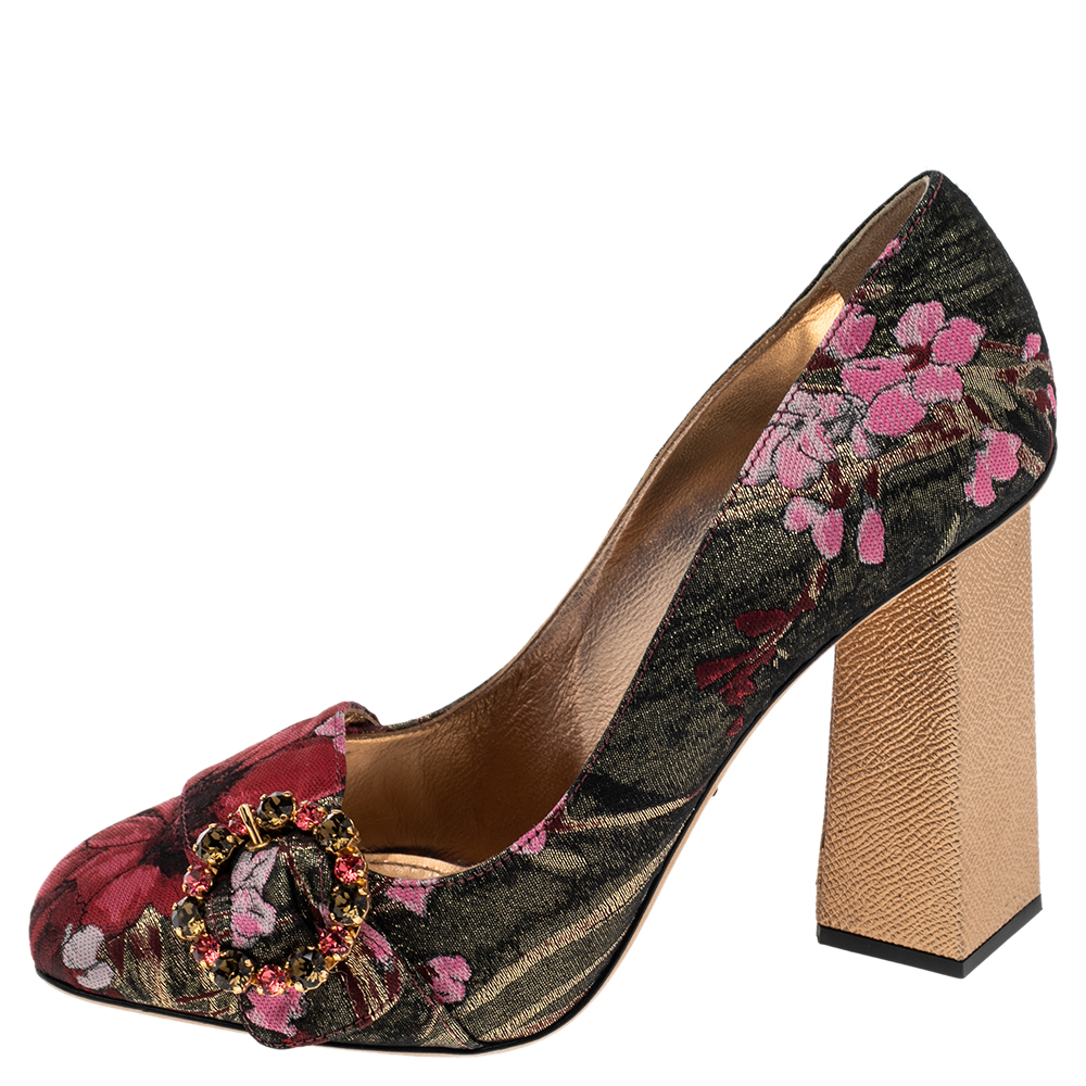 

Dolce & Gabbana Multicolor Brocade Fabric Embellished Block Heel Pumps Size