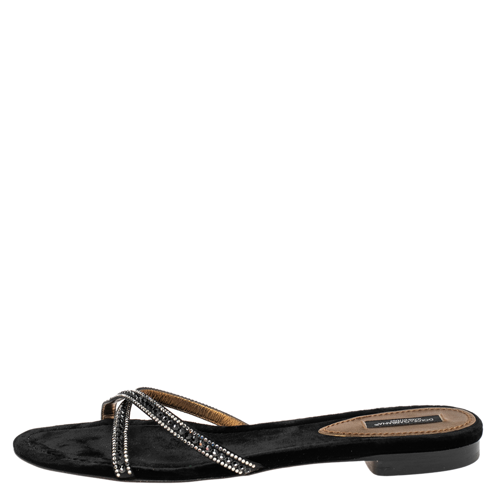 

Dolce & Gabbana Black Velvet Crystal Embellished Flat Sandals Size