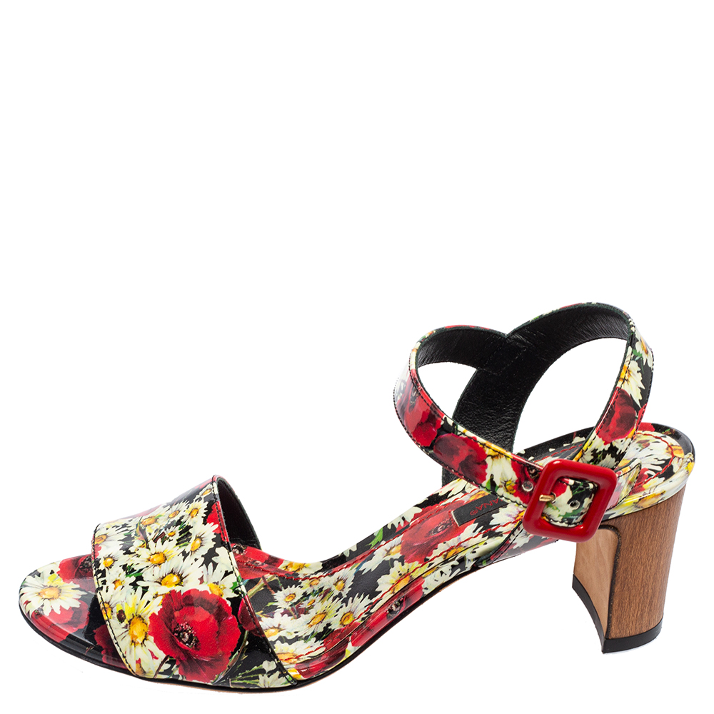 

Dolce & Gabbana Multicolor Patent Leather Flower Print Ankle Strap Sandals Size