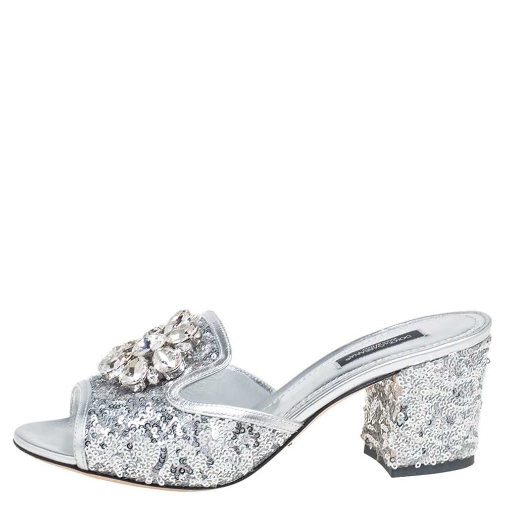 

Dolce & Gabbana Silver Sequins and Leather Trim Crystal Embellished Block Heel Slide Sandals Size