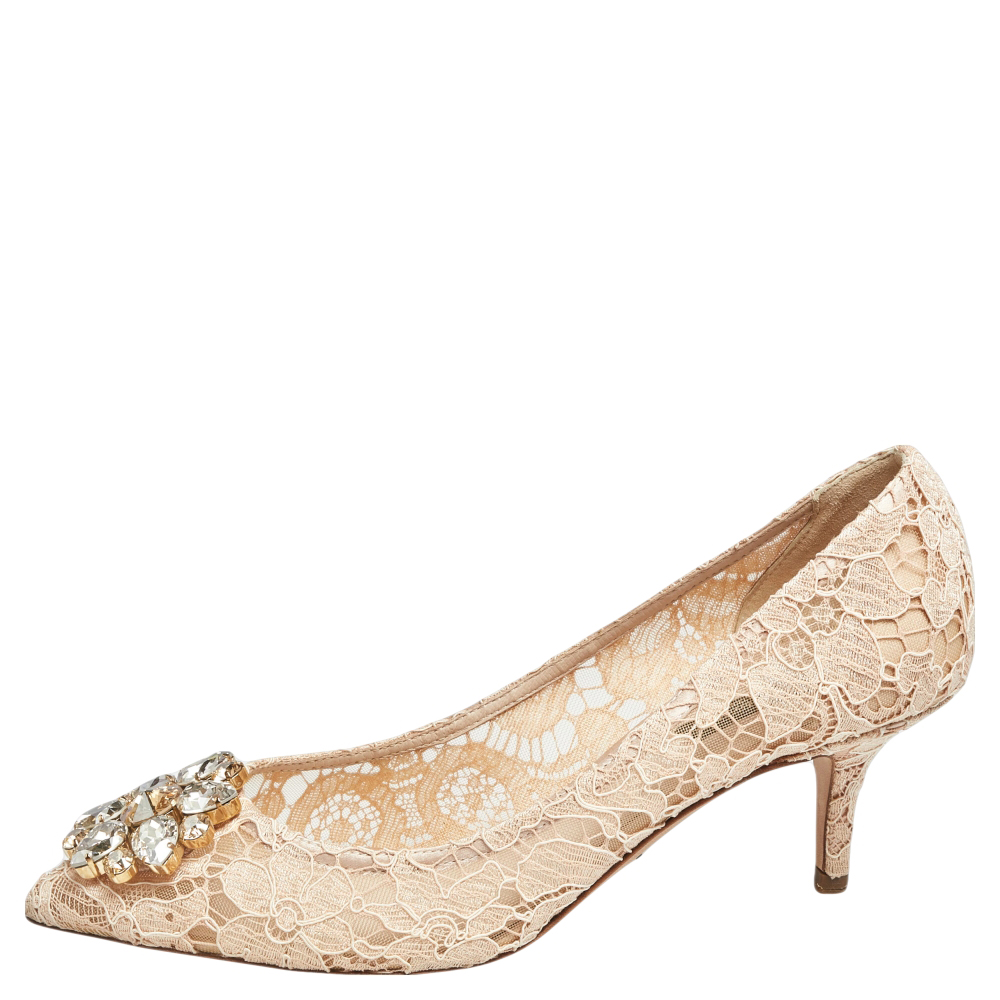 

Dolce & Gabbana Beige Lace Crystal Embellished Pointed Toe Pumps Size