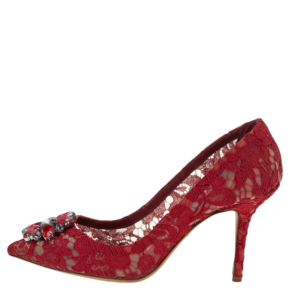 

Dolce & Gabbana Red Lace Crystal Embellished Pointed Toe Pumps Size