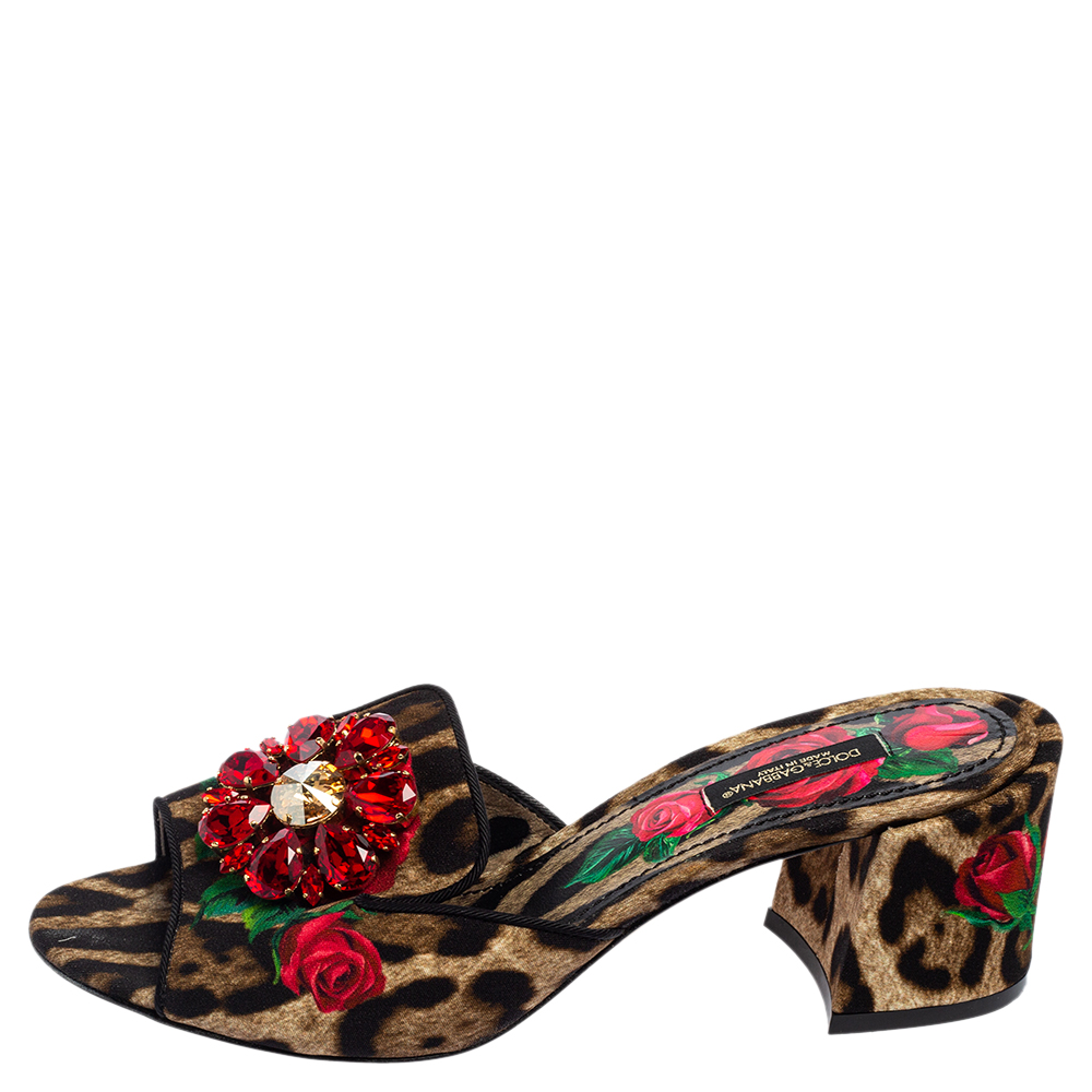 

Dolce & Gabbana Brown Animal and Floral Print Fabric Crystal Embellished Slide Sandals Size