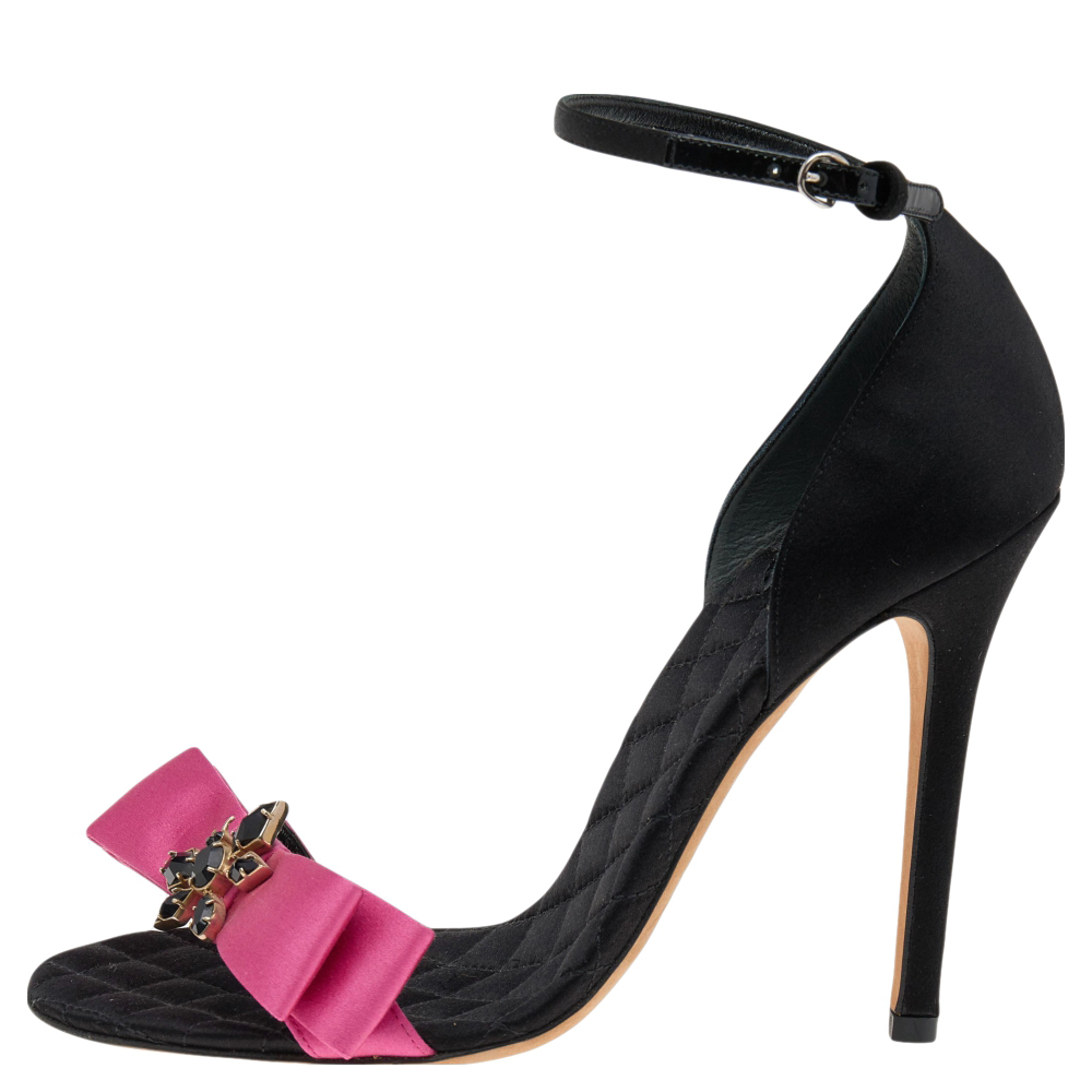 

D&G Black/Pink Satin Crystal Embellished Ankle Strap Sandals Size