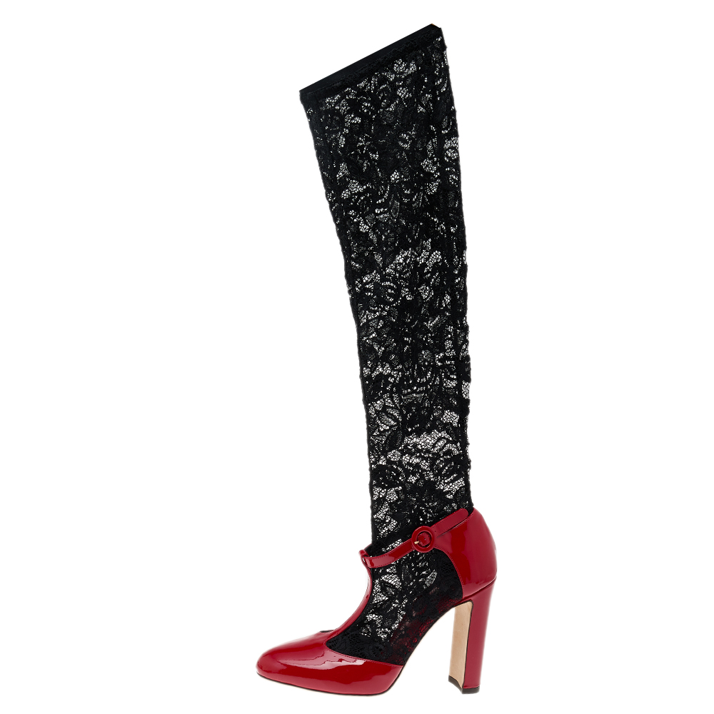 

Dolce & Gabbana Red/Black Patent Leather And Lace Sock Pumps Size