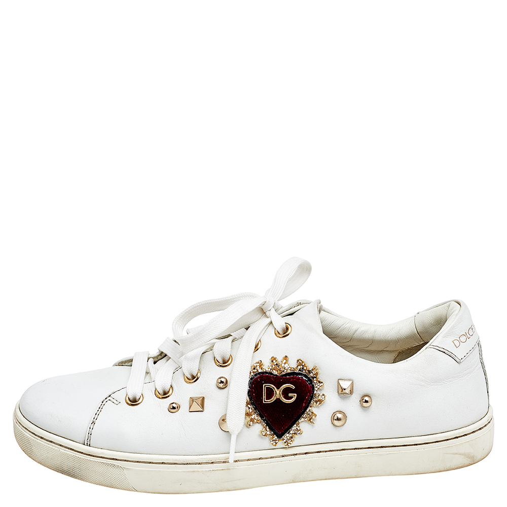 

Dolce & Gabbana White Leather Embellished Portofino Sneakers Size