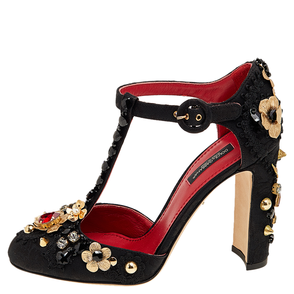 

Dolce & Gabbana Black Brocade and Leather Embellished Mary Jane Pumps Size