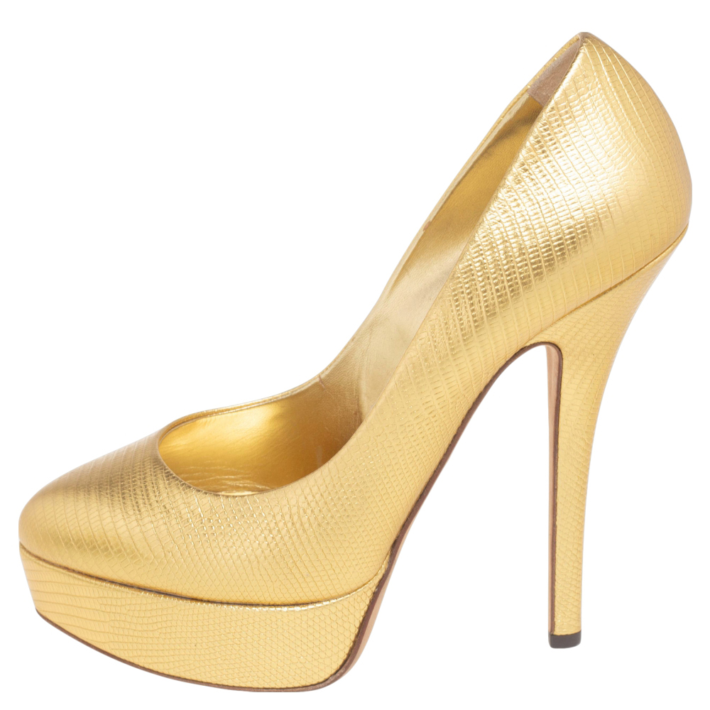 

Dolce & Gabbana Gold Lizard Embossed Leather Platform Pumps Size