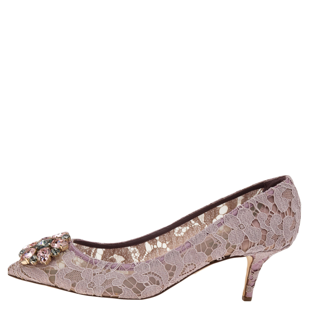 

Dolce & Gabbana Pink Lace Bellucci Crystal Embellished Pointed Toe Pumps Size