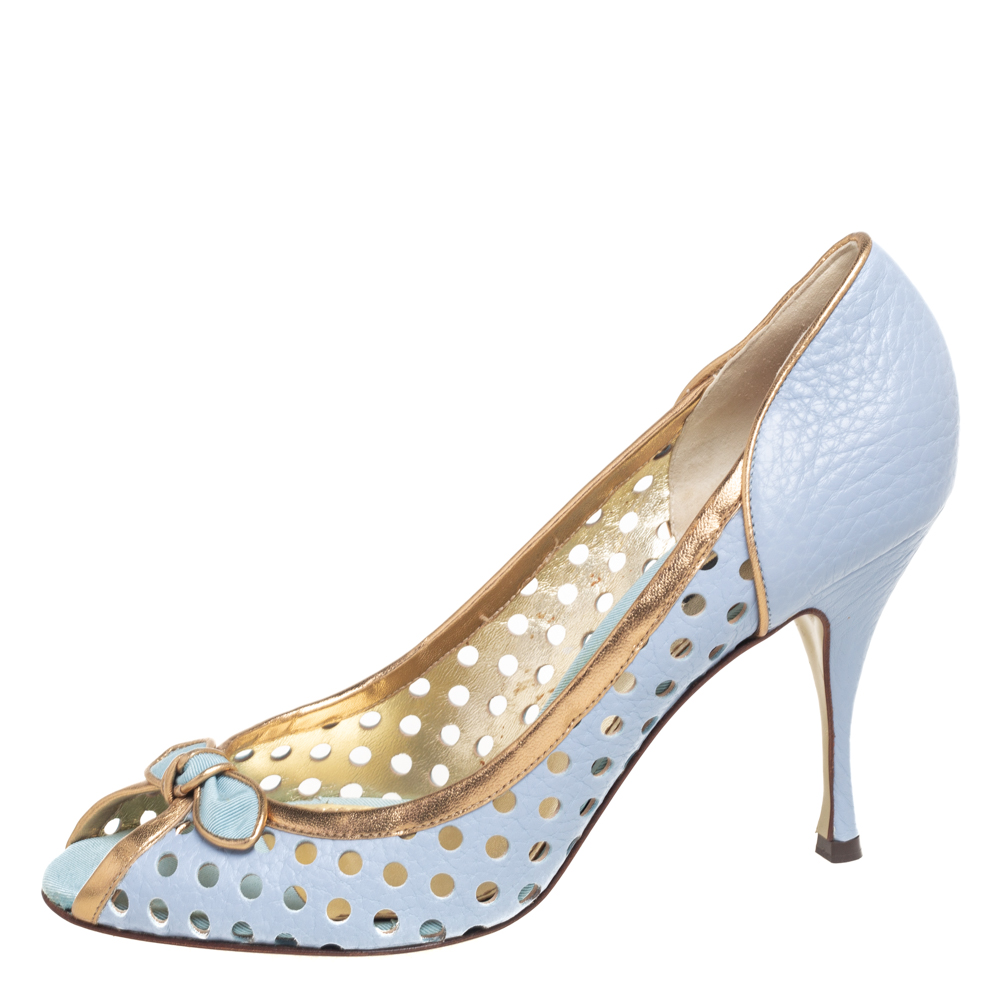

Dolce & Gabbana Blue/Gold Perforated Leather Bow Detail Peep-Toe Pumps Size