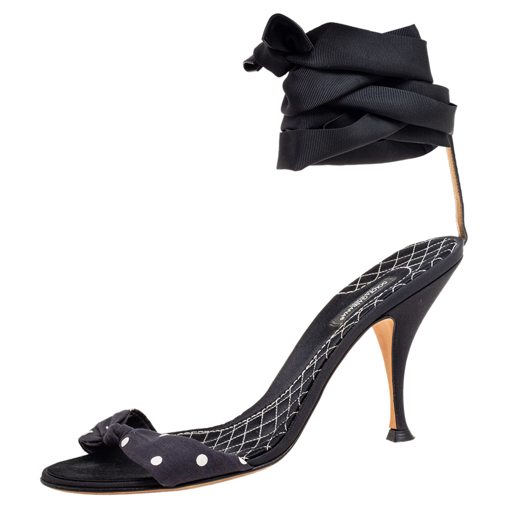 

Dolce & Gabbana Navy Blue/Black Polka Dot Knotted Fabric Ankle-Wrap Sandals Size