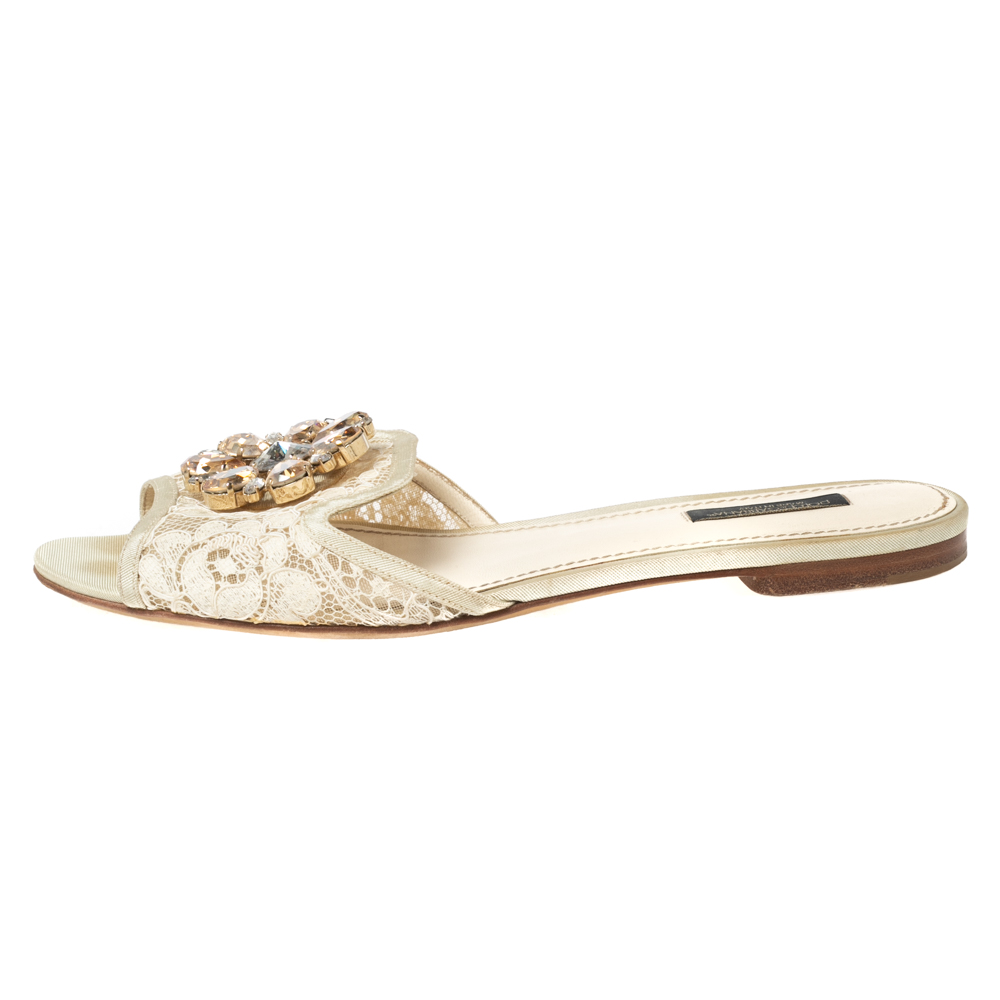 

Dolce & Gabbana Cream Lace Crystal-Embellished Flat Sandals Size
