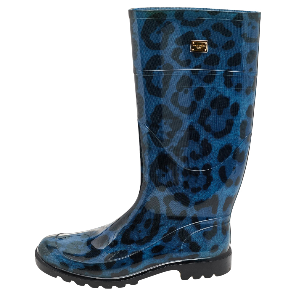 

Dolce & Gabbana Blue/Black Leopard Print Rubber Rain Boots Size