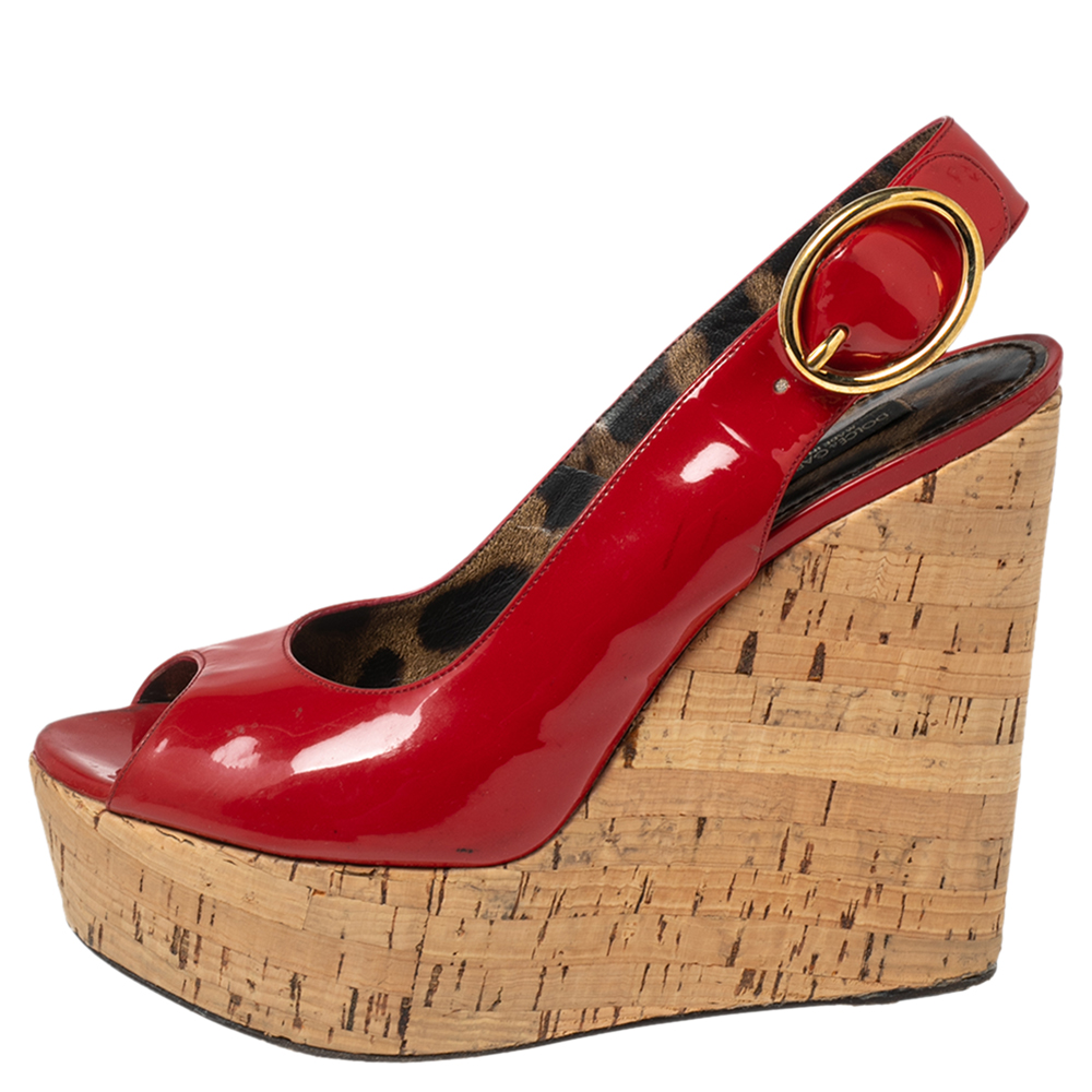 

Dolce & Gabbana Red Patent Leather Cork Wedge Platform Slingback Sandals Size