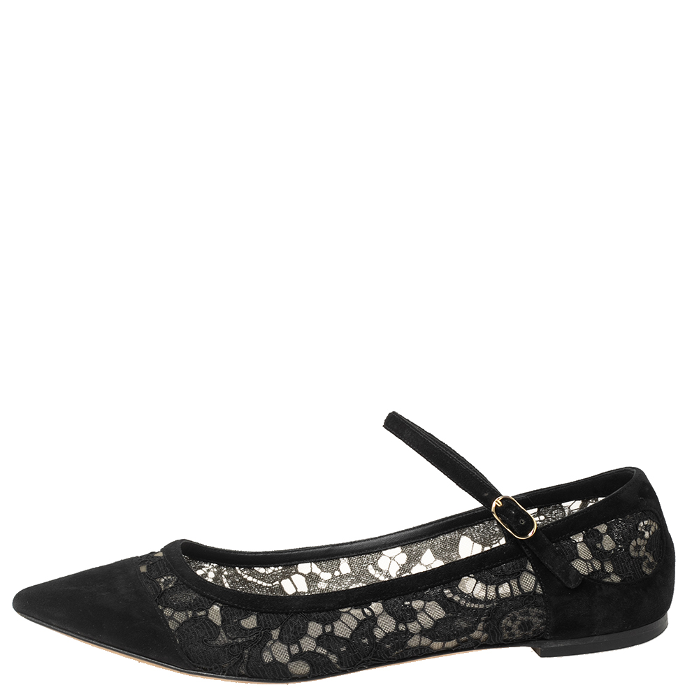 

Dolce and Gabbana Black Lace And Suede Mary Jane Pointed Toe Ballet Flats Size