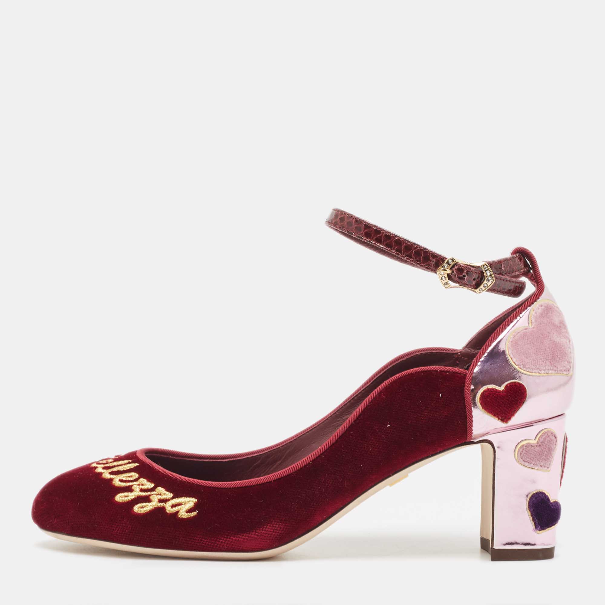 

Dolce & Gabbana Burgundy Velvet L' Amore Block Heel Pumps Size
