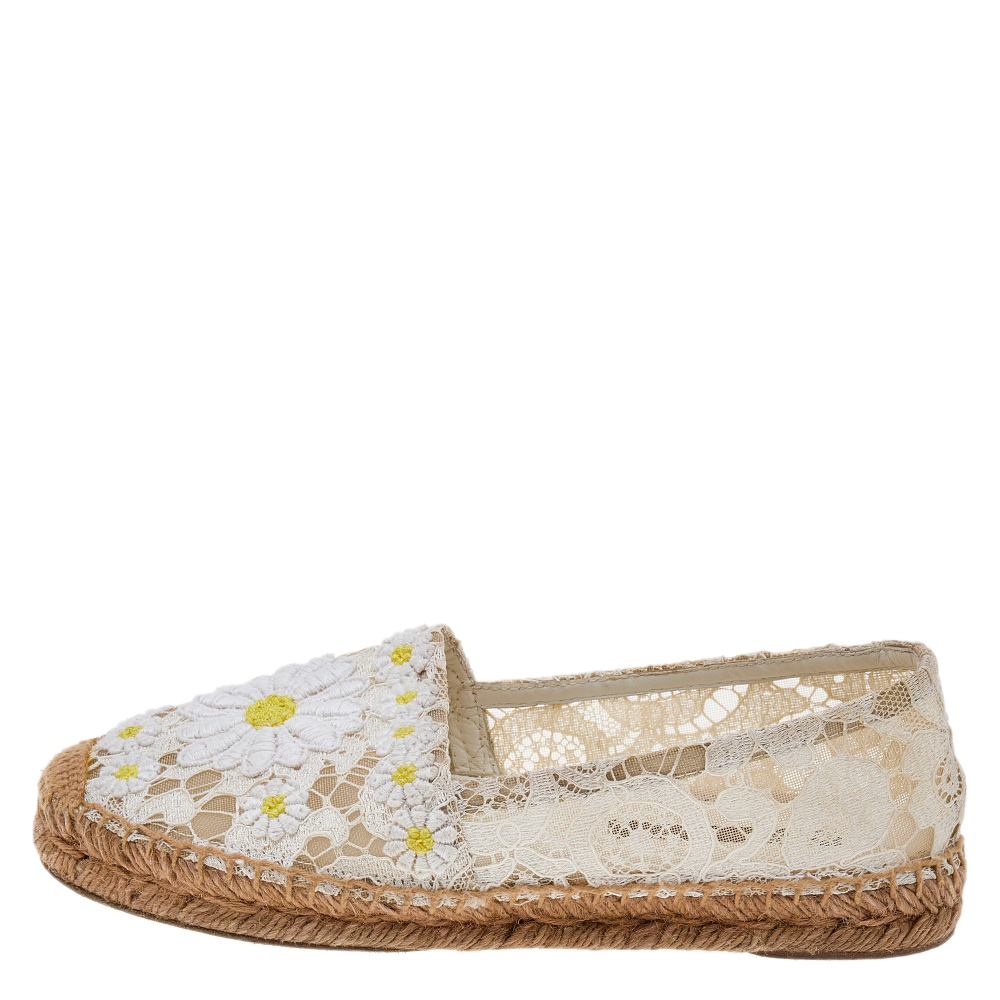 

Dolce & Gabbana White/Yellow Floral Lace Espadrille Flats Size