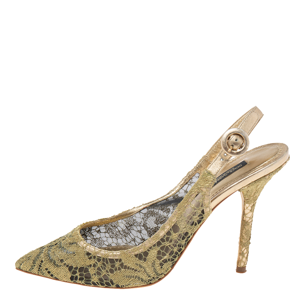 

Dolce & Gabbana Gold Lace And Mesh Slingback Sandals Size