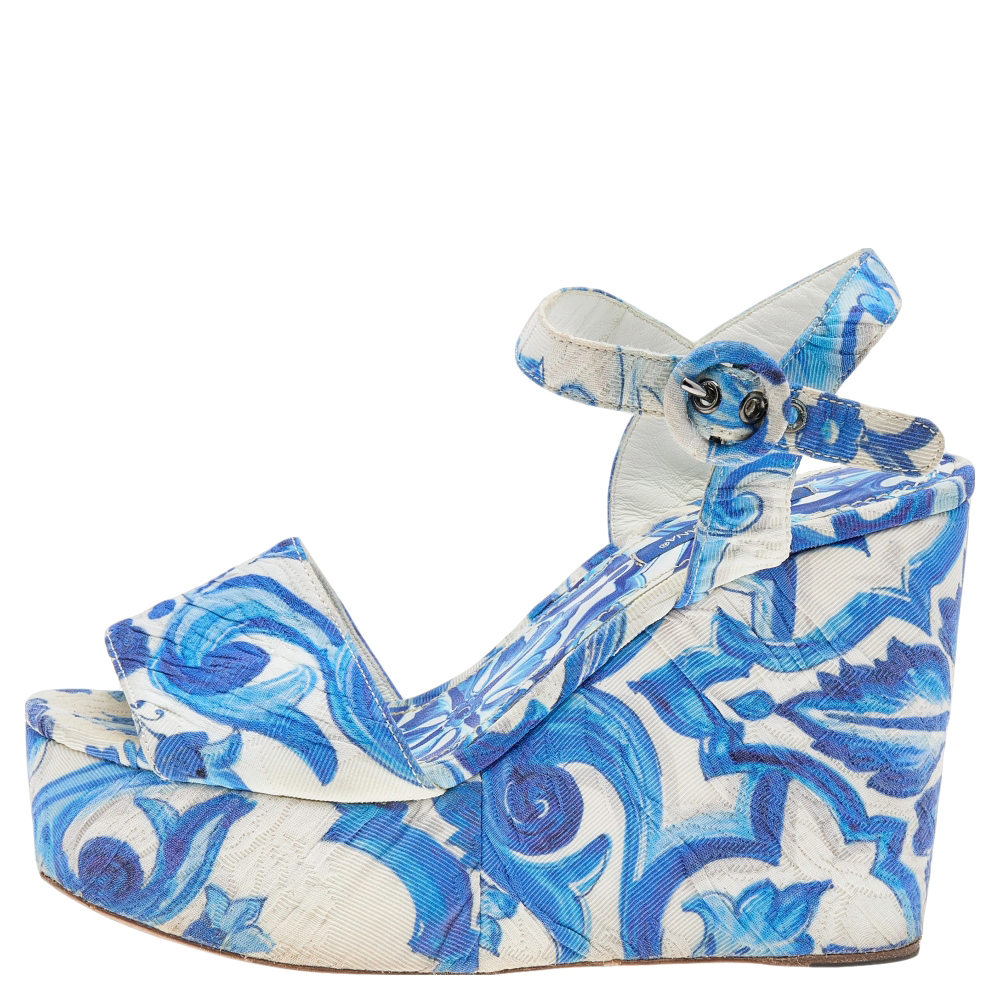 

Dolce & Gabbana Blue/White Majolica Print Canvas Ankle Strap Wedge Sandals Size