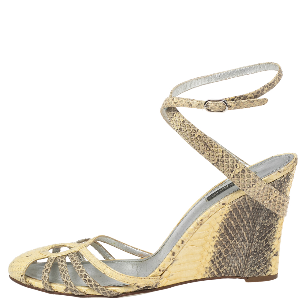 

Dolce & Gabbana Grey/Yellow Python Leather Ankle Wrap Wedge Sandals Size