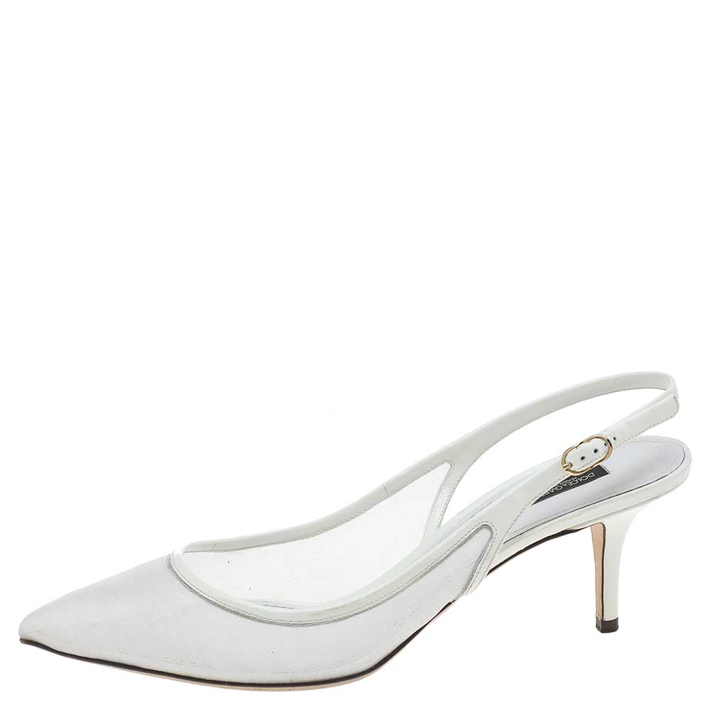 

Dolce & Gabbana White Mesh And Patent Leather Slingback Sandals Size