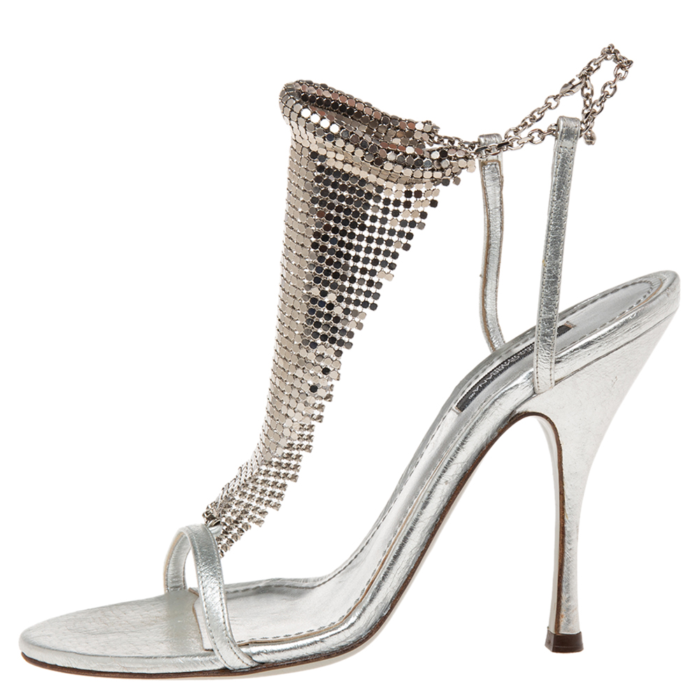 

Dolce & Gabbana Silver Leather Embellished Ankle Strap Sandals Size