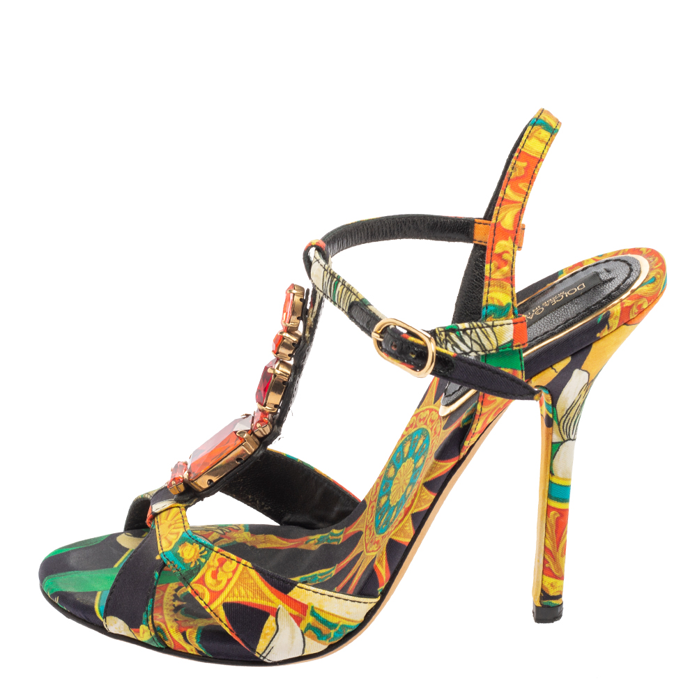 

Dolce & Gabbana Multicolor Canvas Embellished T-Strap Sandals Size