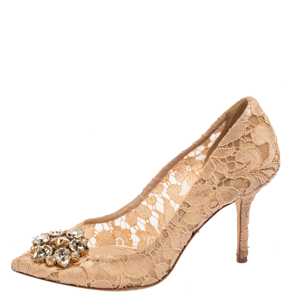 

Dolce & Gabbana Beige Lace And Mesh Bellucci Pointed-Toe Pumps Size